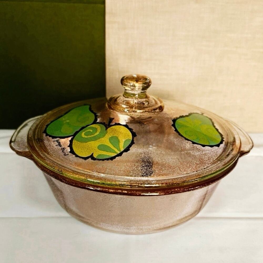 Georges Briard Fire‑King 2 Qt Casserole – Signed – Apple & Pear Lid – MCM